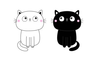 Doğrusal siyah ve beyaz kedi silueti seti. Contour hattı. Kediciğe bakan sevimli bir çizgi film. Kawaii hayvanı. Komik yavru kedi. Üzgün surat. Tebrik kartı. Düz dizayn. İzole Vektör illüstrasyonu