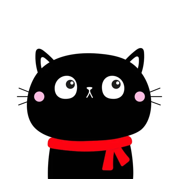 Schattig Zwart Kattenkop Gezicht Kijkt Omhoog Rode Sjaal Vrolijk Kerstfeest — Stockvector
