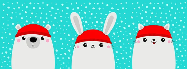白い猫子猫クマウサギの頭の顔セット 赤い帽子 メリークリスマス 明けましておめでとうございます かわいいアニメカワイイ赤ちゃんキャラクター 面白い動物だ フラットデザイン 青い雪の背景 ベクトル — ストックベクタ