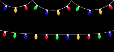 Parlayan bir çelenk hattı. Noel ışıkları ayarlandı. Renkli ip perisi ışığı. Çizgi film bayramı Noel süslemesi. Gökkuşağı rengi. Farklı şekillerde. Düz tasarım Siyah Arkaplan Vektörü