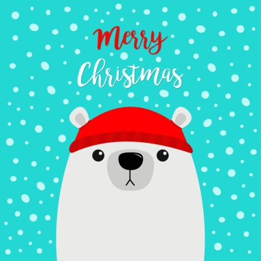 Mutlu noeller. Beyaz kutup ayısı kafası. Kırmızı şapka. - Mutlu yıllar. Tebrik kartı. Tatlı çizgi film kawaii bebek karakteri. Komik hayvan. Düz dizayn. Merhaba kış. Mavi kar arka planı. Vektör