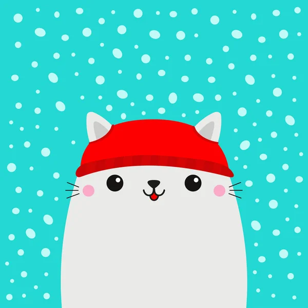 白い猫の子猫の頭の顔 赤い帽子 メリークリスマス 明けましておめでとうございます グリーティングカード かわいいアニメカワイイ赤ちゃんキャラクター 面白い動物だ フラットデザイン 青い雪の背景 ベクトル — ストックベクタ