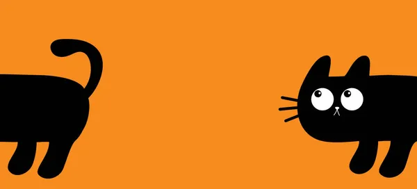 猫在拐角处偷窥 Kawaii卡通宠物宝宝 可爱的黑猫脸看着尾巴 万圣节快乐问候卡的打印 平面设计 橙色背景 孤立无援矢量说明 — 图库矢量图片