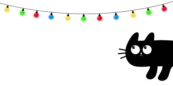 Kattenpoesje Gluurt Hoek Kerstverlichting Aan String Fee Licht Een Gloeiende — Stockvector