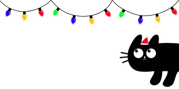 クリスマスライトセット 文字列妖精の光 電球が輝くガーランド 猫の子猫が角を覗いている かわいい漫画のペット メリークリスマス グリーティングカード フラットデザイン 白地ベクトル — ストックベクタ