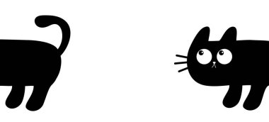 Köşeden gizlice bakan sevimli bir kedi. Kawaii çizgi filminde yavru hayvan. Siyah kedi surat yukarı bakıyor. Mutlu Cadılar Bayramı. Tebrik kartı baskısı. Düz dizayn. Beyaz arka plan. İzole edilmiş. Vektör illüstrasyonu
