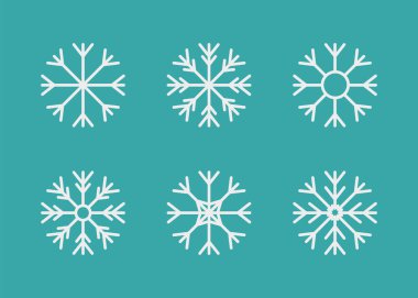Kar Tanesi kış ikonu seti. Altı beyaz kar tanesi. Mutlu noeller. Yeni yıl süsleme sembolün kutlu olsun. Xmas kağıt işi. Kar tanesi. Donmuş yıldız şekli. Mavi arka plan. İzole edilmiş. Düz dizayn. Vektör