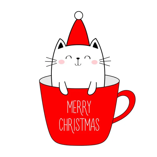 圣诞快乐 新年快乐 可爱的猫在一杯咖啡茶 红色圣诞老人帽 有趣的Kawaii涂鸦动物 猫线猫 卡通片有趣的小宠物角色 平面设计 白色背景 — 图库矢量图片