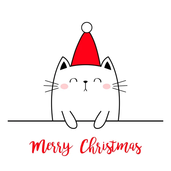 圣诞快乐 新年快乐 可爱的猫牵着爪子 红色圣诞老人帽 有趣的Kawaii涂鸦动物 猫线猫 卡通片有趣的小宠物角色 平面设计 白色背景矢量图解 — 图库矢量图片