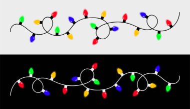 Noel ışığı ayarlandı. Renkli sicim peri ışıkları. Parlayan bir çelenk hattı. Çizgi film bayramı Noel süslemesi. Gökkuşağı rengi. Düz dizayn. Siyah beyaz arka plan. İzole edilmiş. Vektör