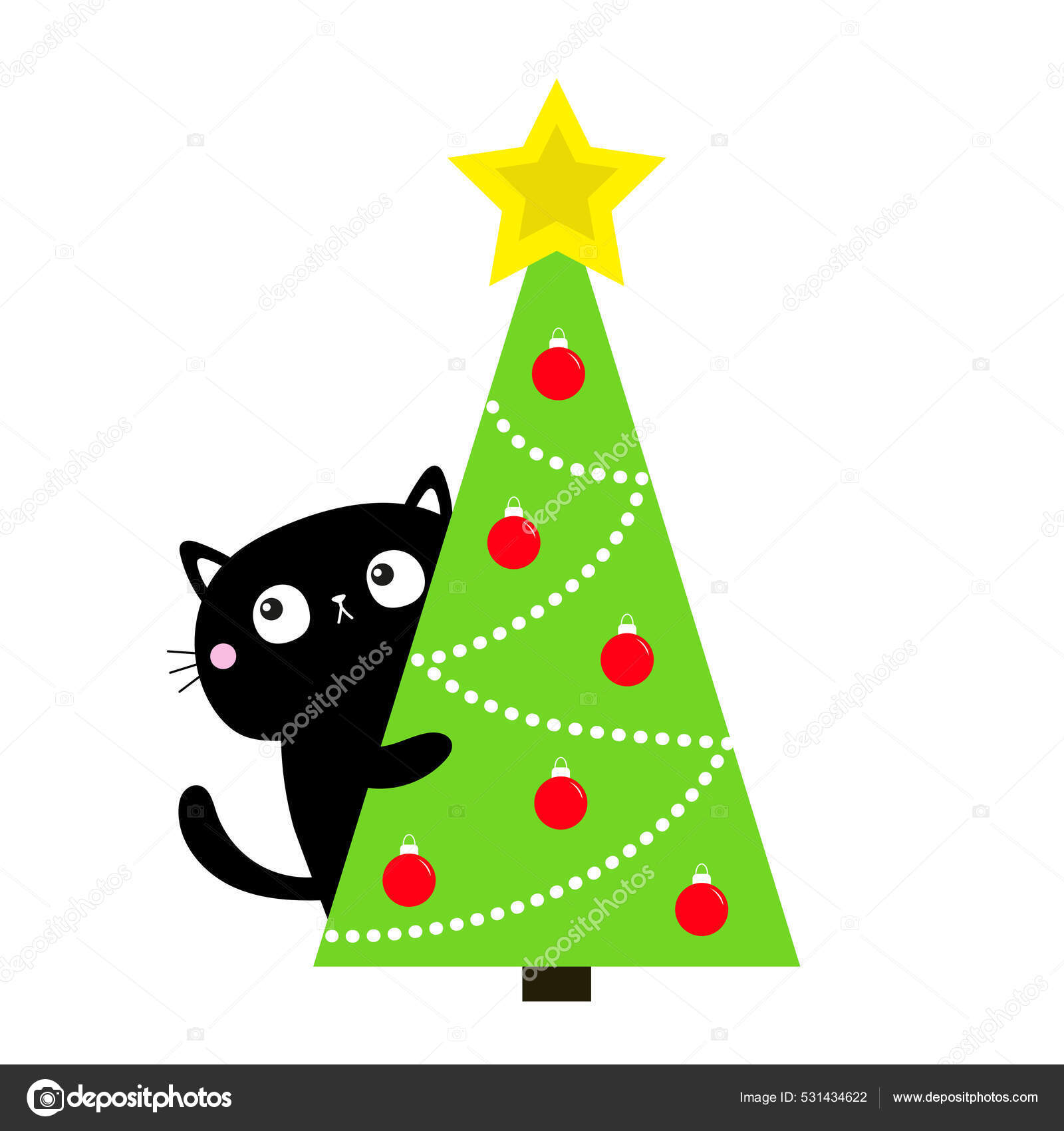 猫在圣诞树周围偷窥圣诞快乐新年快乐三角形的形状圣诞节的球玩具金色的星星可爱的卡通卡瓦有趣的宠物黑猫小猫咪, image size:1600x1700