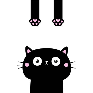 Komik kedi. Yüz silueti. Pençe izi ve kuyruk asılıyor. Şirin kawaii hayvanı. Bebek kartı. Defter kapağı. Siyah kedi yavrusu. Çıkartma izi. Çizgi film karakteri. Düz dizayn. Beyaz arka plan. Vektör