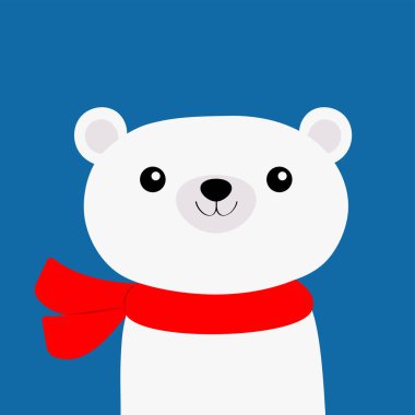 Kutup beyaz ayı yavrusu yüz kırmızı Santa şapka, eşarp. Sevimli çizgi bebek karakter. Yeni Yılınız Kutlu Olsun. Mutlu Noeller. Arktik hayvan. Düz tasarım Merhaba kış. Mavi arka plan. Vektör çizim