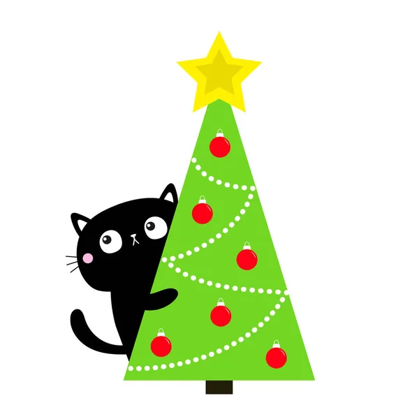 猫在圣诞树周围偷窥 圣诞快乐 新年快乐 三角形的形状 圣诞节的球玩具 金色的星星可爱的卡通卡瓦有趣的宠物 黑猫小猫咪 平面设计 白色背景 — 图库矢量图片