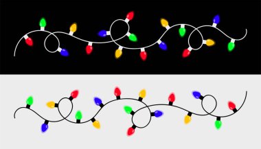 Renkli sicim peri ışıkları. Noel ışığı ayarlandı. Parlayan bir çelenk hattı. Çizgi film bayramı Noel süslemesi. Gökkuşağı rengi. Farklı şekillerde. Düz dizayn. Beyaz siyah arka plan. Vektör