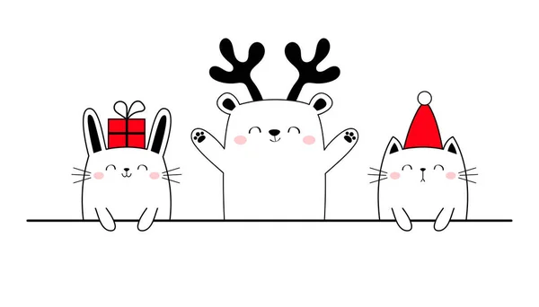 Cat Bear Bunny Merry Christmas Happy New Year Red Santa — Stock Vector