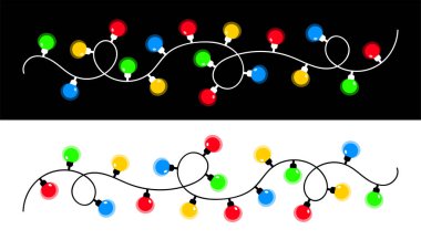 Parlayan bir çelenk hattı. Noel ışığı ayarlandı. Renkli sicim peri ışıkları. Çizgi film bayramı Noel süslemesi. Yuvarlak şekilli. Gökkuşağı rengi. Düz dizayn. Beyaz siyah arka plan. Vektör
