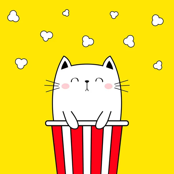 ポップコーンボックスの猫 子猫と映画 ポップコーンがポップ かわいい漫画カワイイ面白い輪郭文字 子供の指紋だ 映画館 映画上映 食べ物だ 黄色の背景 隔離されてる — ストックベクタ