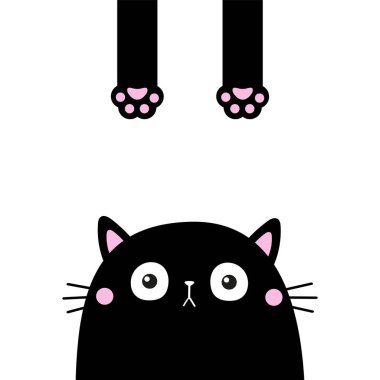 Komik kedi suratlı baş silueti. Pençe izi ve kuyruk asılıyor. Siyah kedi yavrusu. Şirin kawaii hayvanı. Bebek kartı. Defter kapağı. Çıkartma izi. Çizgi film karakteri. Düz dizayn. Beyaz arka plan. Vektör