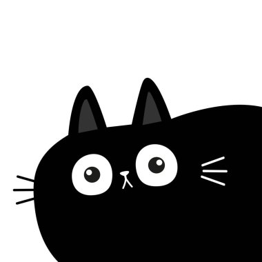 Sağ köşede siyah kedi yavrusu suratlı kafa. Sevimli çizgi film karakteri. Kawaii yavru hayvan. Defter kapağı, tişört, tebrik kartı baskısı. İskandinav tarzı. Düz dizayn. Beyaz arka plan. Vektör