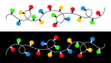 Noel ışığı ayarlandı. Renkli sicim peri ışıkları. Parlayan bir çelenk hattı. Çizgi film bayramı Noel süslemesi. Yuvarlak şekilli. Gökkuşağı rengi. Düz dizayn. Siyah beyaz arka plan. Vektör
