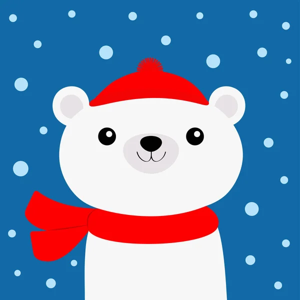 Cara Filhote Urso Branco Polar Chapéu Vermelho Papai Noel Lenço — Vetor de Stock