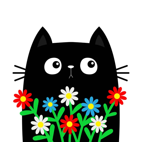 猫子猫はデイジーカモミールを持っています カラフルなカモミールの花の花束 ハッピーバレンタインデー かわいいアニメカワイイ面白い動物 グリーティングカードTシャツ フラットデザインラブカードホワイトの背景ベクトル — ストックベクタ