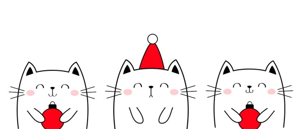 メリークリスマスあけましておめでとうございます クリスマス猫はクリスマスボールのおもちゃを持っている かわいいアニメカワイイペットセット サンタクロースの赤い帽子 子猫の子猫ちゃん ラインバナー フラットデザイン 白地だ ベクトル — ストックベクタ