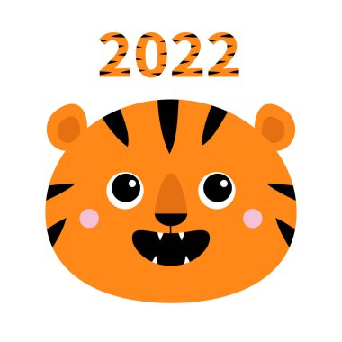 2022 yılı. Kükreyen kaplan surat ikonu. - Mutlu yıllar. Ağzını aç. Şirin çizgi film kawaii komik yavru hayvan karakteri. Çocuksu bir parmak izi. Orman kedisi kükremesi. Düz dizayn. Beyaz arka plan. Vektör