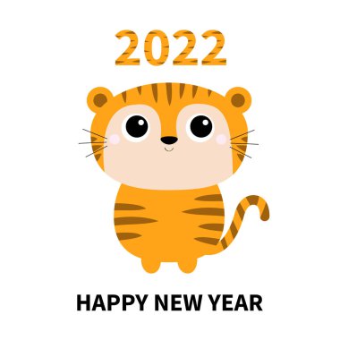 Kaplan oyuncağı ikonu. Mutlu yıllar 2022. Sevimli çizgi film komik karakteri. Büyük gözler. Yavru hayvan. Çocuk odası için çocukça parmak izleri, çocuk kıyafetleri, poster, kartpostal. Orman kedisi. Düz dizayn. Beyaz arka plan. Vektör