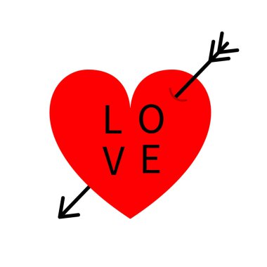 Ok kırmızı kalp ikonu. Sevgililer Günün kutlu olsun. Aşk mesajı. İşaret işareti. Basit bir şekil. Basit bir tebrik kartı şablonu. Etiket, yama ve rozet için hoş bir grafik. Düz dizayn. Beyaz arka plan. İzole edilmiş. Vektör