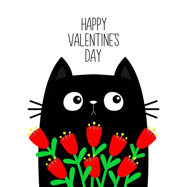 Fijne Valentijnsdag Kattenpoesje Met Rode Tulpenbloem Boeket Leuke Cartoon Kawaii — Stockvector