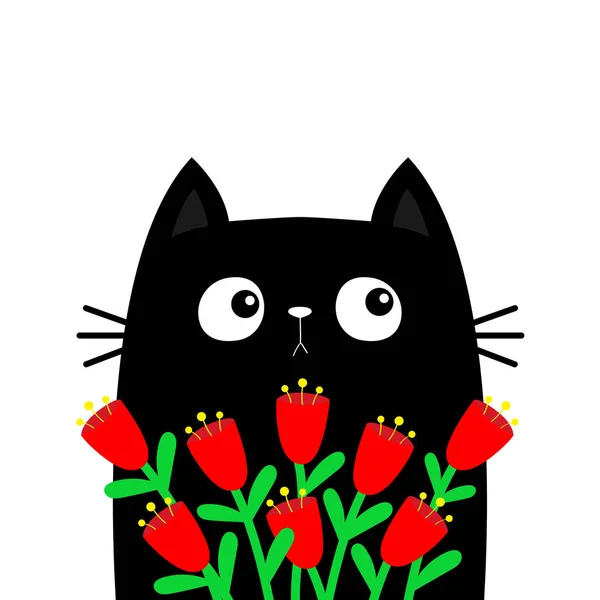 赤いチューリップの花束を持った猫子猫 ハッピーバレンタインデー かわいいアニメカワイイ面白い動物 グリーティングカードTシャツ フラットデザイン ラブラブカード 白地だ ベクターイラスト — ストックベクタ