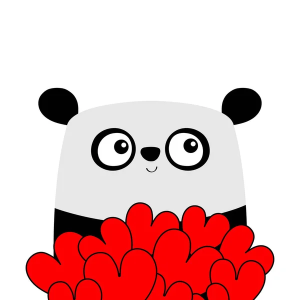 パンダ赤いハートセット花束を保持クマ かわいいカワイイ漫画のキャラクター 面白い顔だ ハッピーバレンタインデー 赤ちゃんのグリーティングカードのテンプレート ノートカバーTシャツ ホワイトバックグランドフラットデザインベクトル — ストックベクタ