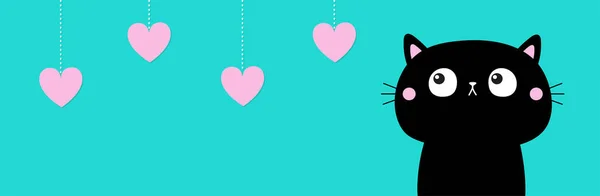 情人节快乐 黑猫仰起心来挂着粉色的心 行横幅 心情舒畅可爱的卡通人物 Kawaii动物 爱死贺卡了平面设计 蓝色背景 — 图库矢量图片