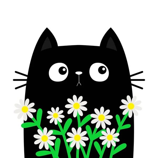 猫子猫はデイジーカモミールを持っています ハッピーバレンタインデー カモミールの花花束 かわいいアニメカワイイ面白い動物 グリーティングカードTシャツ フラットデザイン ラブラブカード 白地だ ベクトル — ストックベクタ