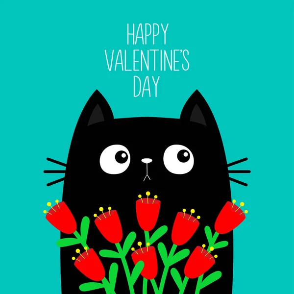 Happy Valentines Day Cat Kitten Kitty Holding Red Tulip Flower — 图库矢量图片