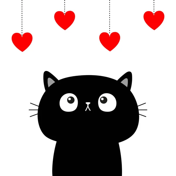 Czarny Kot Patrzący Wiszące Czerwone Serca Linia Strzału Szczęśliwych Walentynek — Wektor stockowy