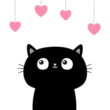 Kedi pembe kalpler takınıyor. Kontrol çizgisi. Sevgililer Günün kutlu olsun. Kalp hazır. Sevimli çizgi film karakteri. Kawaii hayvanı. Tebrik kartı şablonu. Düz dizayn. Beyaz arkaplan Vektörü illüstrasyonu