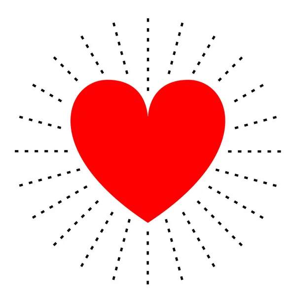 赤い輝く心 ハッピーバレンタインデー 光線の心 ダッシュライン ハートの太陽線のアイコン バースト スターバースト サークル 愛の記号 フラットデザイン — ストックベクタ