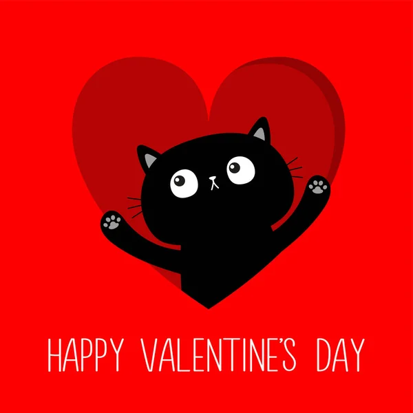 情人节快乐 猫在心里 手举高爪子印可爱的卡通卡瓦有趣的动物宝宝角色 黑色猫咪的图标 爱你的贺卡平面设计 红色背景 矢量说明 — 图库矢量图片
