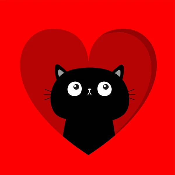 Black Cat Kitten Kitty Red Heart Window Happy Valentines Day — Stockvektor