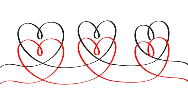 Six Heart Set One Line Hand Draw Doodle Black Red — Wektor stockowy