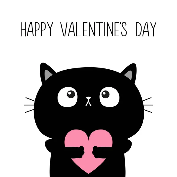 Happy Valentines Day Black Cat Kitten Kitty Holding Pink Heart — Vector de stoc