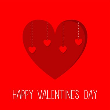 Hearts hanging on dash line. Happy Valentines Day. Red heart icon. Love sign symbol. Simple shape. Greeting card template. Cute graphic object. Flat design. Red background. Vector illustration