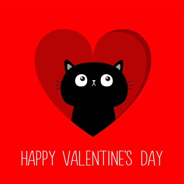 Happy Valentines Day Black Cat Kitten Kitty Red Heart Window — Vettoriale Stock