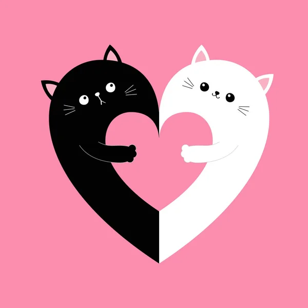 猫心セット 夫婦の心を抱いている巨大な 黒白陰陽子猫 ハッピーバレンタインデー 抱っこ かわいい漫画の赤ちゃんのキャラクター ピンクの背景 フラットデザイン ベクトル — ストックベクタ