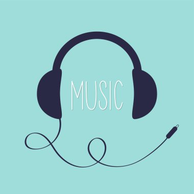 Kablo prizli siyah kulaklıklar ve müzik. Kulaklık simgesi. Hoparlör. Tebrik kartı. Düz dizayn. Mavi arka plan. İzole edilmiş. Vektör illüstrasyonu
