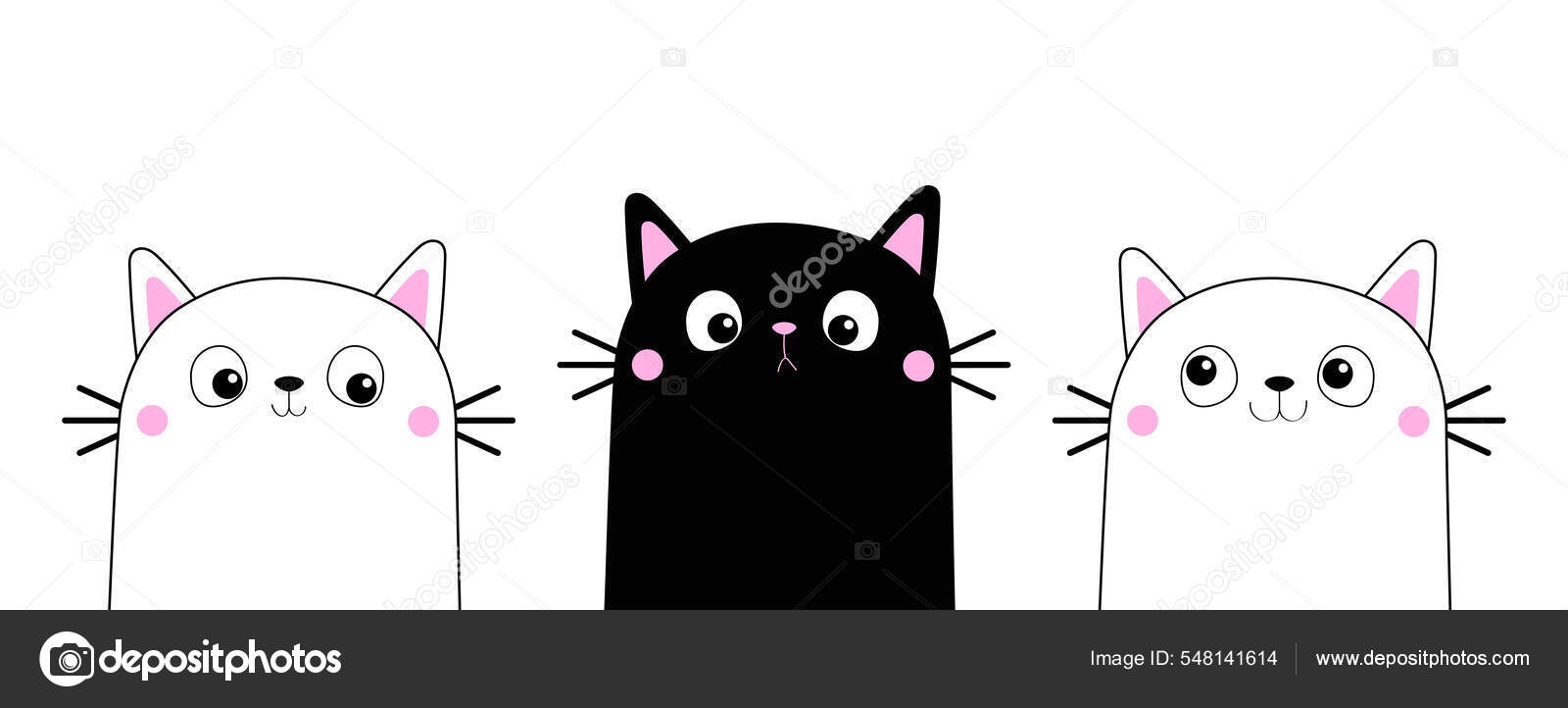 Black white cat icon set. Cute kawaii cartoon character. Funny