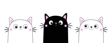 Kedi yavrusu başlıklı yüz çizgisi siluet simgesi seti. Komik kawaii hayvanı. Sevimli çizgi film komik evcil hayvan karakteri. Düz dizayn. Beyaz arka plan. Not defteri kapağı, tişört, tebrik kartı, etiket yazdırma vektörü